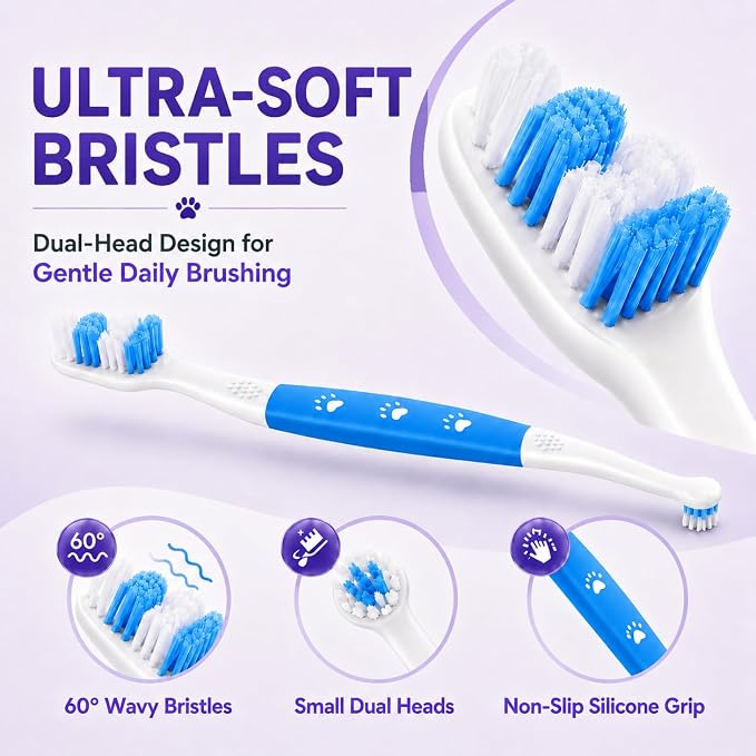 Dog Toothbrush, Dual-Head, for Medium-Large Dogs,Blue | Soft Bristles for Gentle Cleaning, 60° Curved Bristles for Better Coverage, Comfortable for Sensitive Gums