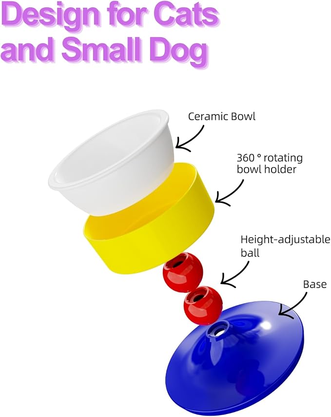Elevated Raised Cat Pet Bowls - 15°Tilted 3 Heights Adjustable Indoor Cats Food Dish Stand, Cute Pet Water Feeder Ceramic Bowl, Neck Whisker Friendly & Anti-Vomiting Non Slip Kitten Puppy Supplies
