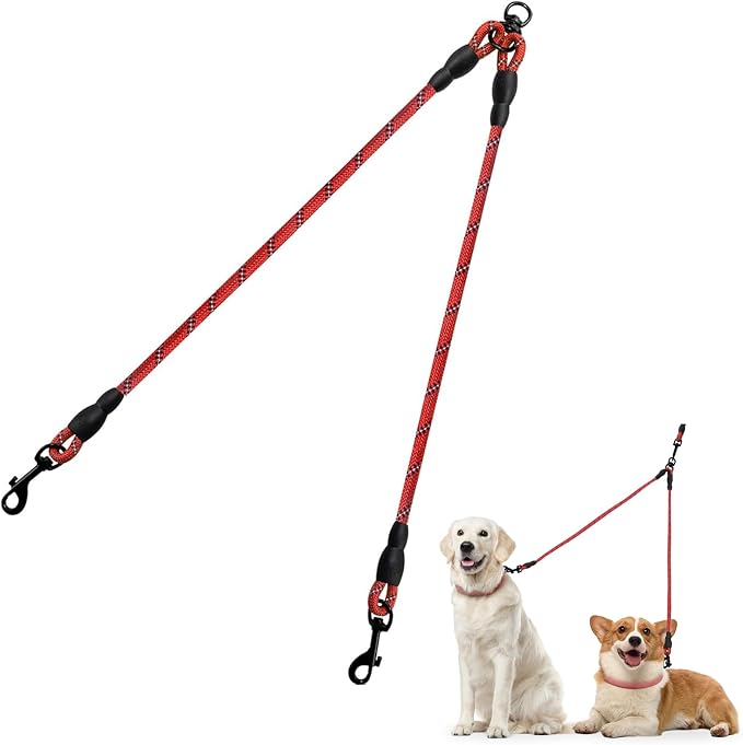 Taglory Double Dog Leash Coupler for Two Dogs, 1/3" Lightweight Dual Leash Extension for Small and Medium Dogs, No Tangle 360° Swivel, Reflective Rope, 30 Inch, Red