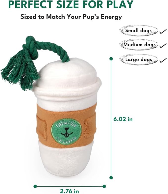 CHEWFFON Squeaky Dog Toy, Interactive Plush Tug & Treat Toy | Coffee Cup Design, Crinkle Sound for Boredom, Side Pocket, Enrichment Fun for Small Medium Large Dogs