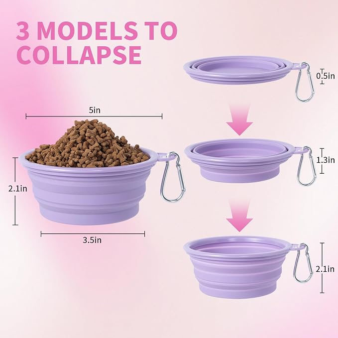 SLSON Macaron Collapsible Dog Bowl, 2 Pack, Small, Rose & Violet
