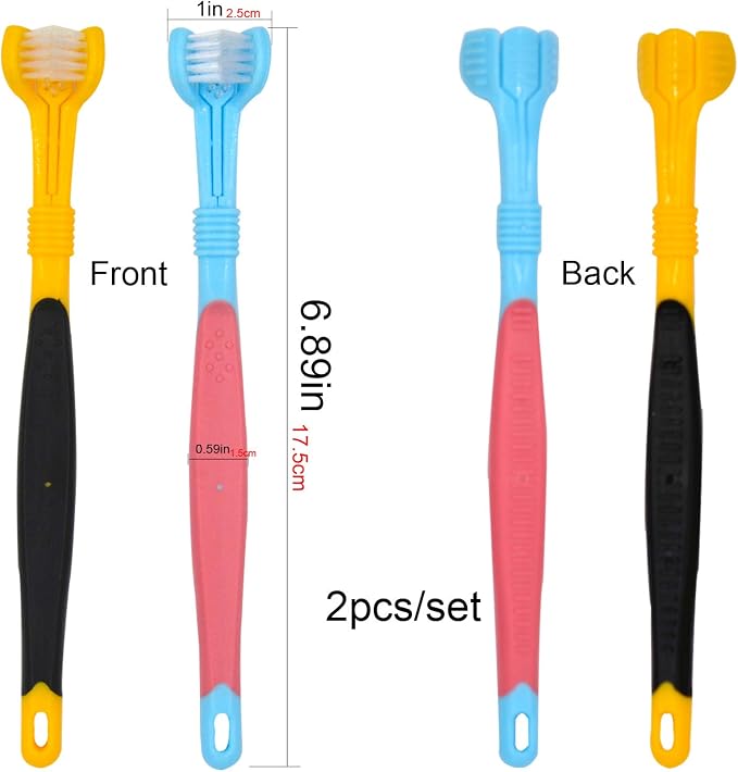Dog Toothbrushs, 2pcs Blue Yellow, Suitable for Adult Dogs, Three Sided Design for Easy Teeth Cleaning