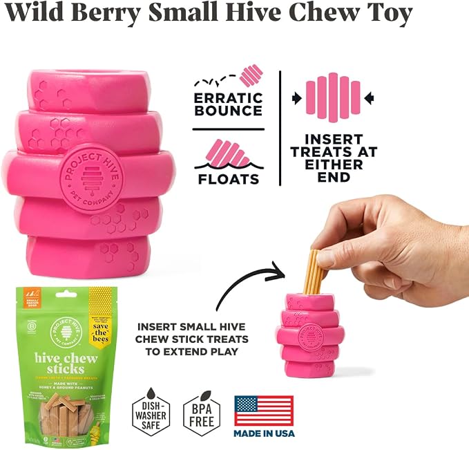 Hive Chew Toy for S/M Dogs – Pink/Wild Berry Scent – Chew, Fetch, & Treat-Dispensing Enrichment Toy, Floats, Made in USA, Pairs with Hive Chew Sticks for S/M Dogs for Longer-Lasting Play
