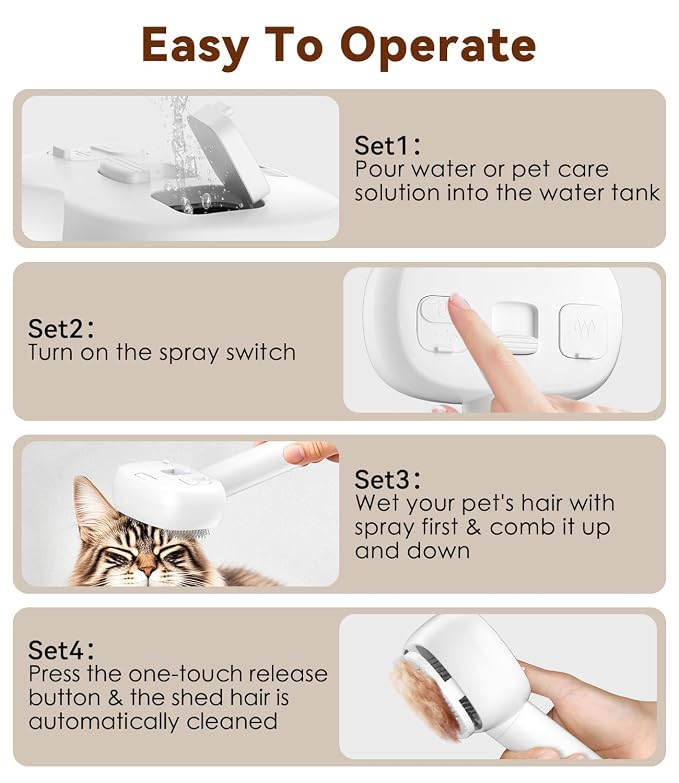 3-In-1 Cat Steam Brush for Shedding, One-Touch Release - Rechargeable - Self Cleaning Comb for Indoor Cats, Anti-Static Grooming Brush for Long and Short-Haired Cat/Dog, White