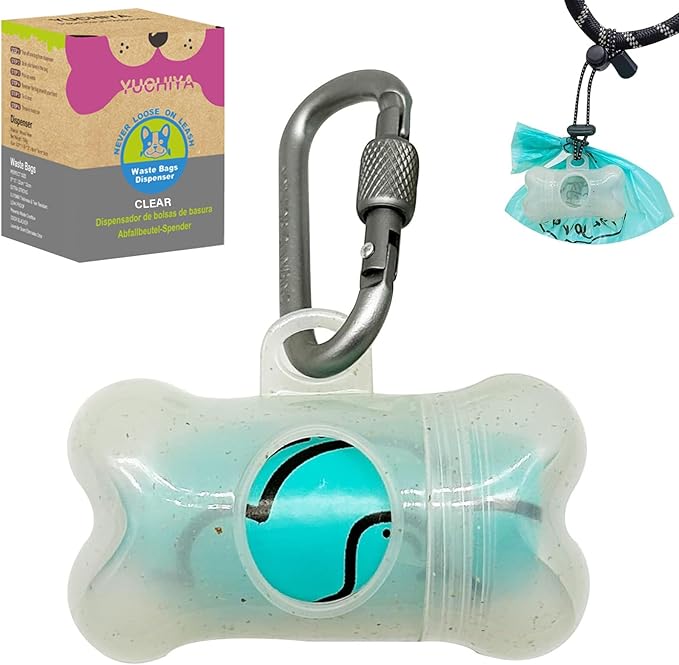 YUCHIYA Dog Poop Pickup Bags Holder Dispenser with Scented Doggy Waste Bags and Carabiner with Safety Lock Plus Hook and Loop Fastener Never Loose on Leash Lead Again (1 Holder 15 Bags, Clear)