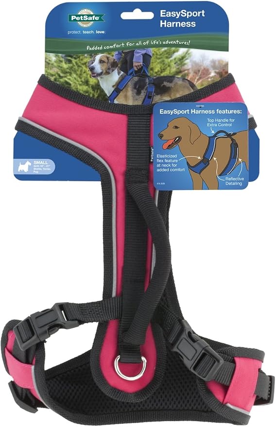PetSafe EasySport Dog Harness, Pink, Small | Padded, Elastic Neckline Harness for Active Dogs, Reflective Piping for Visibility, Top Control Handle, Rear Leash Clip