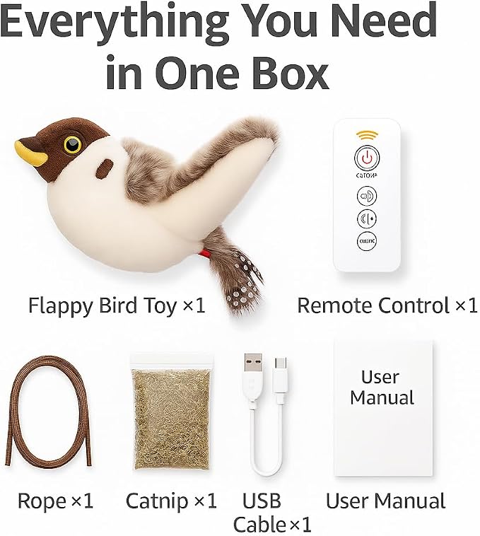 Flying Bird Cat Toy – Remote Control, Flapping Wings & Chirping Sound (Not Flying), USB Rechargeable Motion Toy for Indoor Cats