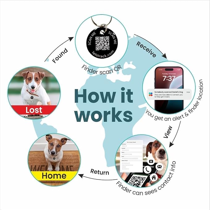 Personalised 4Pcs Dog & Cat Smart QR Pet Tag | Private Calling | IP67 Name ID Tracker Anti-Lost Scratch-Resistant Pet Keychain Style for Doggy Kitten Kitty Puppy | Instant Location Alerts
