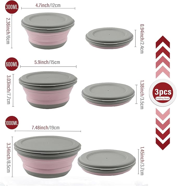 Collapsible Bowls, 3pcs Food Grade Silicone Camping Bowl Salad Bowl with lids, Portable Expandable Lunch Box Food Storage Container for Camping Travel and Picnic (Pink)