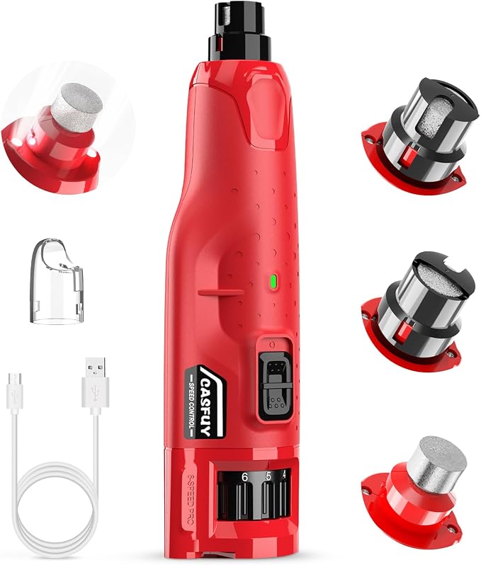Casfuy 6-Speed Dog Nail Grinder with 2 LED Lights - Red