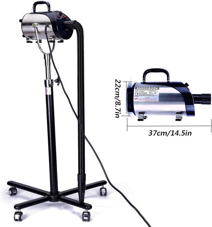 Dog Dryers for Grooming, Professional Dog Hair Dryer with Vertical Stand, 2800W Pet Blow Dryer with Stepless Adjustable Speed and Temperature Control, Adjustable Height