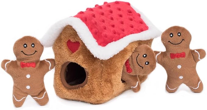 ZippyPaws Burrow- Interactive Dog & Puppy Toys for Boredom, Stimulating Pet Products to Keep Them Busy, Hide & Seek Plush Dog Puzzle, Enrichment Squeaky Toy, For Small & Medium Dogs- Gingerbread House