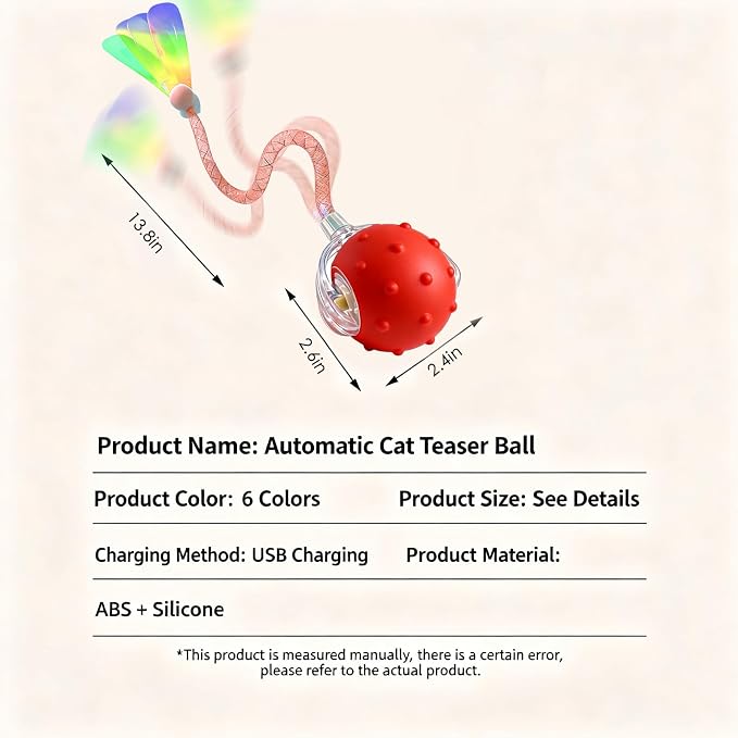 Interactive Cat Toy, Auto Chirping Ball w/ 3 Tails, Self Play Indoor | USB-C charge, 2 modes, obstacle avoid, soft TPE tails, quiet, LED, durable ABS, Easter gift boredom relief red