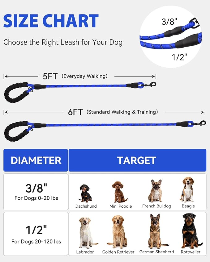 Joytale Rope Dog Leash for Medium Large Dogs, Padded Handle, 6FT, Navy Blue | Reinforced Nylon Webbing, Comfort Grip Eases Hand Strain, Swivel Clip Prevents Tangles, Visible at Night, for Outdoor Walks