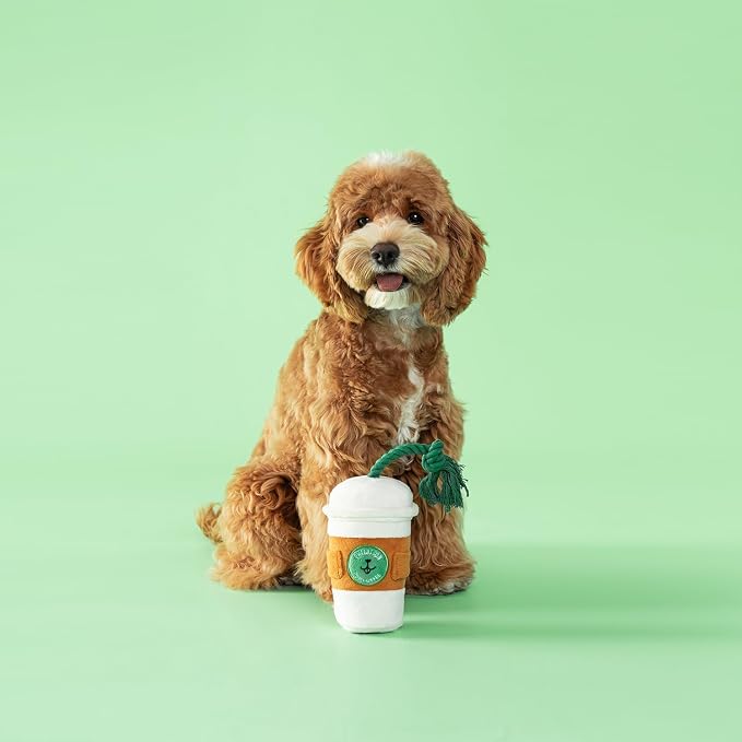 CHEWFFON Squeaky Dog Toy, Interactive Plush Tug & Treat Toy | Coffee Cup Design, Crinkle Sound for Boredom, Side Pocket, Enrichment Fun for Small Medium Large Dogs