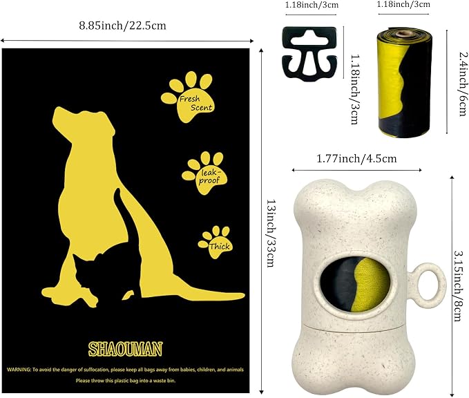 Bone-Shaped Dog Poop Bag Holder for Leash |Dispenser with 15 Leak-Resistant Waste Bags & Carabiner Clip(Wheat)