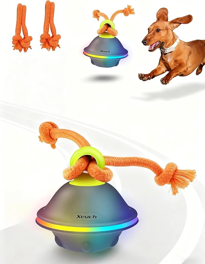Xeuch Interactive Dog Ball with Rope, Motion Activated Moving Rolling Toy | 3 play modes, voice recording, 7 LED lights, silicone shell, Type-C rechargeable, 4-hour playtime for small and medium dogs