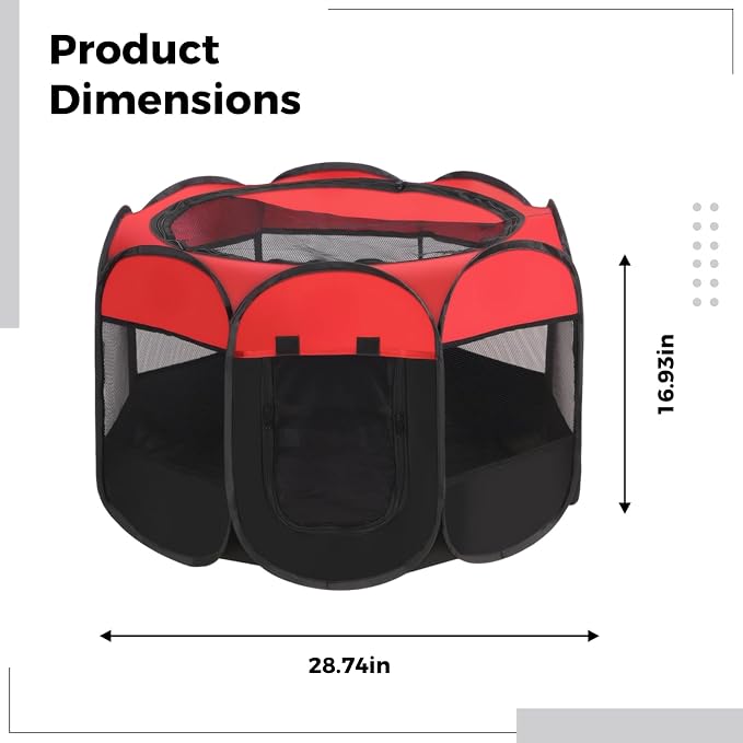 Octagonal Pet Playpen, 28.7 x 28.7 x 16.9 in Red Portable Pet Tent, Foldable Design for Indoor and Outdoor Use, Breathable Mesh with Zippered Door, Sturdy Oxford Fabric for Small Animals