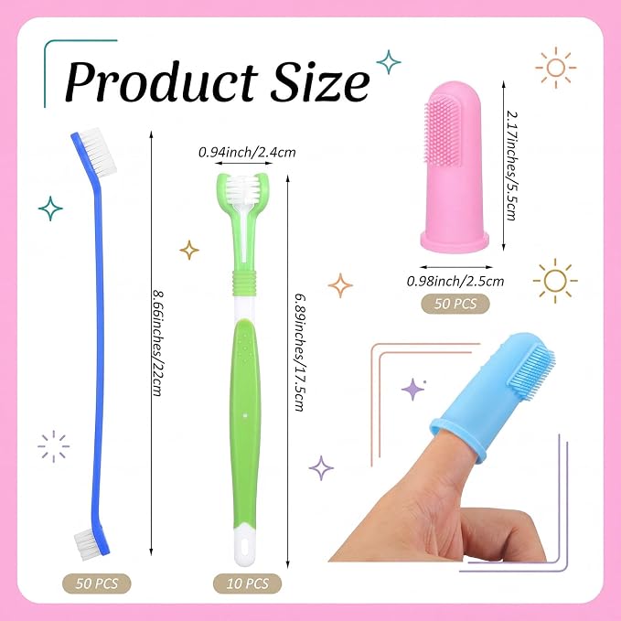 110 Pcs Pet Dog Toothbrush Kit Bulk Includes 50 Dual Head Dental Brushes 50 Finger Brushes 10 Triple Head Pet Toothbrushes 360 Degree Teeth Cleaning for Puppy Cats Oral Dental Health