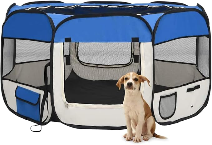 Foldable Dog Playpen 49.2x49.2x24 Inches with Carrying Bag, Blue Steel Frame Playpen for Training, Sleeping, and Play Area with Mesh Roof and Side Pockets