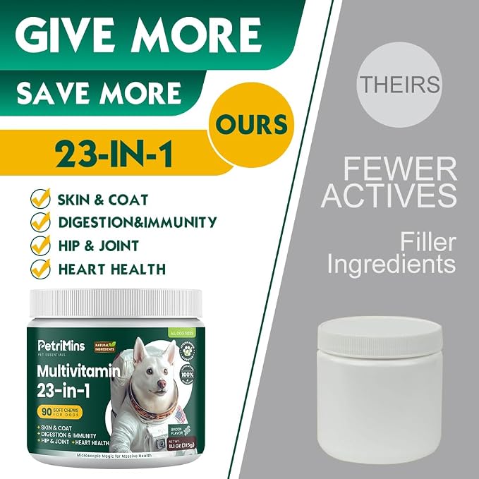 23-in-1 Dog Vitamins Supplements, Multivitamin Treats for Dogs with Glucosamine & Omega-3, Comprehensive Support for Hip & Joint, Digestion, Immune Health, Skin, Heart - 90ct, Bacon
