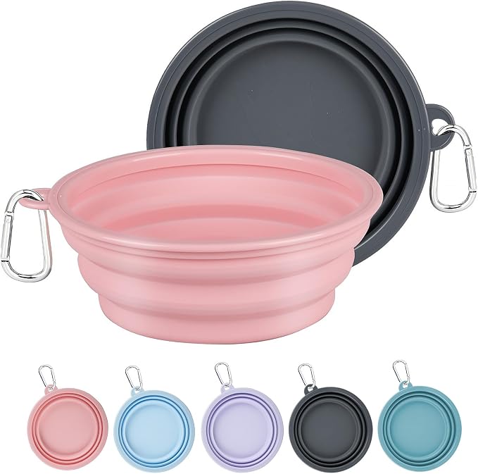 Kytely Collapsible Dog Bowls, X-Large 1500ml, 2 Pack, Pink & Grey