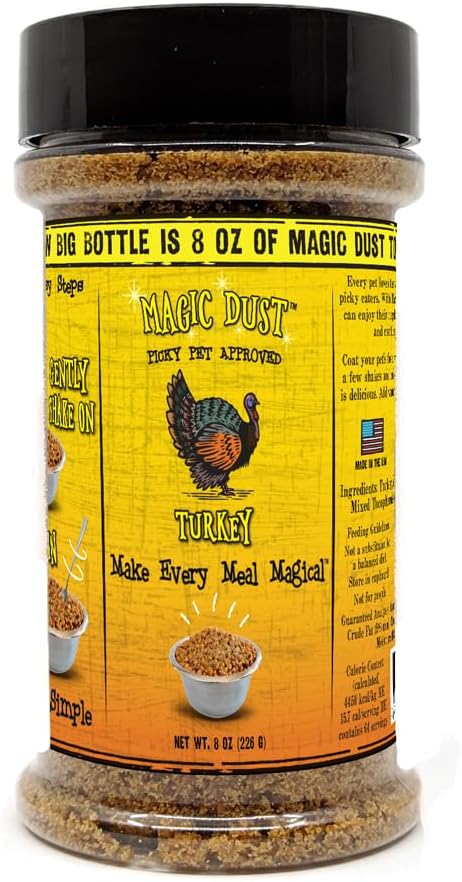 Magic Dust Turkey Jerky Topper, Single Protein Pet Food Topper for Dogs & Cats, Enhance Flavor & Elevate Mealtime Excitement for Picky Eaters - 8 Ounce Bottle in Turkey Flavor
