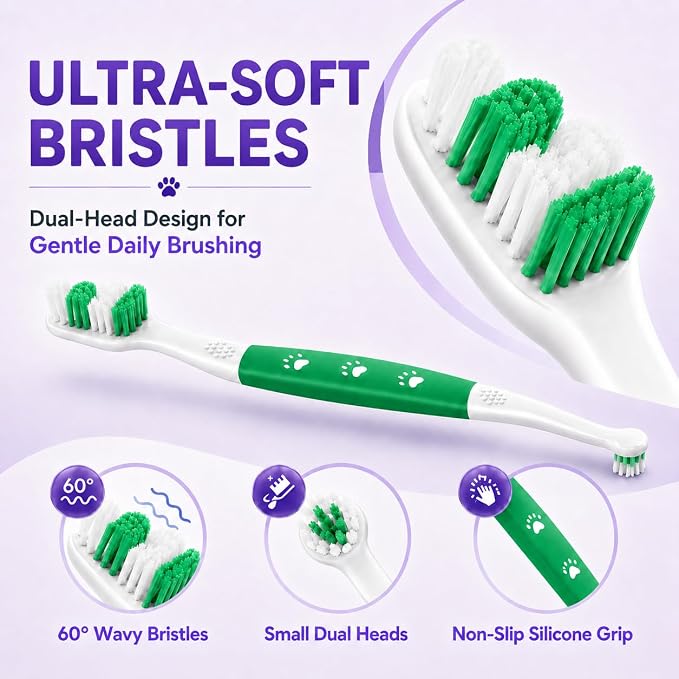 Dog Toothbrush, Dual-Head, for Medium-Large Dogs, Green | Soft Bristles for Gentle Cleaning ,60° Curved Bristles for Better Coverage ,Comfortable for Sensitive Gums