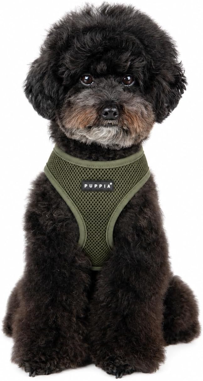 Puppia Soft Dog Harness No Choke Over-The-Head Triple Layered Breathable Mesh Adjustable Chest Belt and Quick-Release Buckle for Small Dogs, Khaki, XS