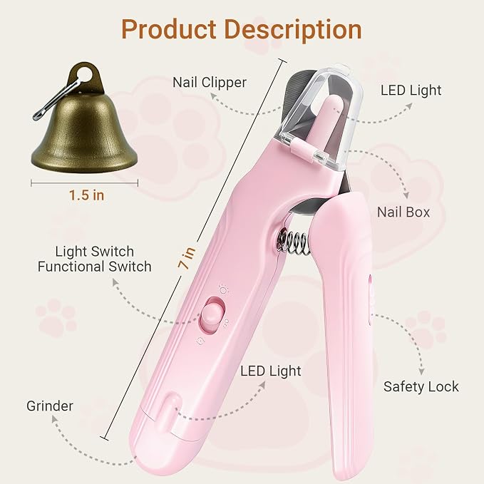 2-in-1 Cat & Dog Nail Clippers & Grinder with Light, Pink