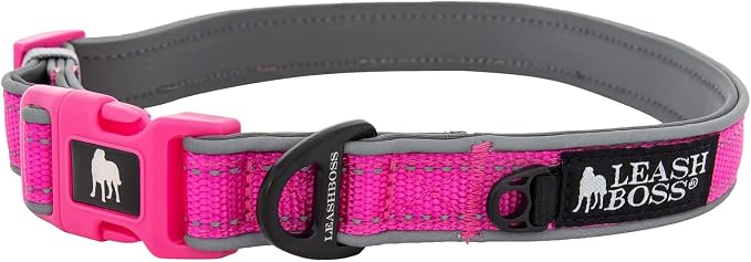 Leash Boss Adjustable Reflective Dog Collar, Quick-Release Buckle and Reflective Piping and Threads for Small, Medium and Large Dogs (Large - Pink 16.5-25" Neck x 1" Wide)