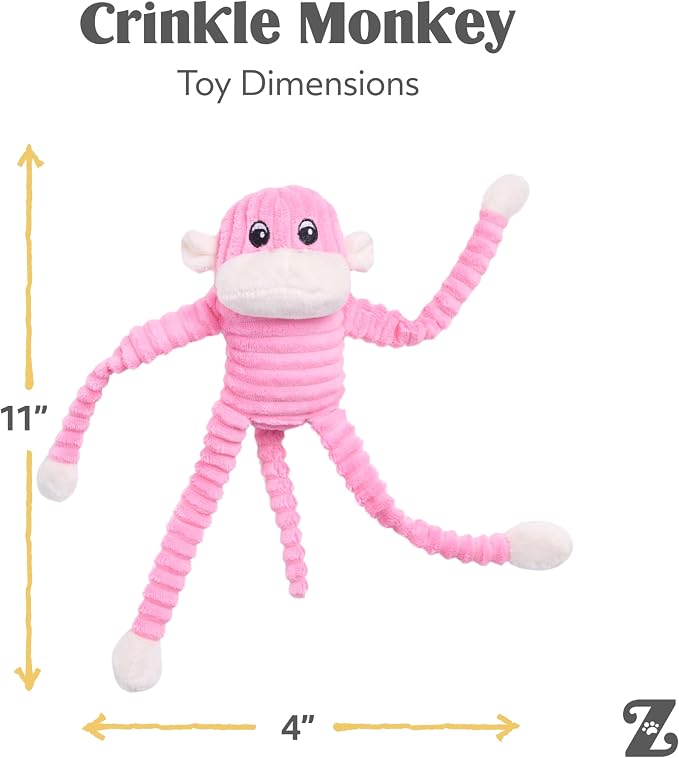 ZippyPaws Crinkle Monkey Squeaky Plush Pet Toy for All Breeds - Small, Pink | Interactive Dog Toys to Keep Them Busy, Small and Medium Dogs, Contains 1 Round Squeaker