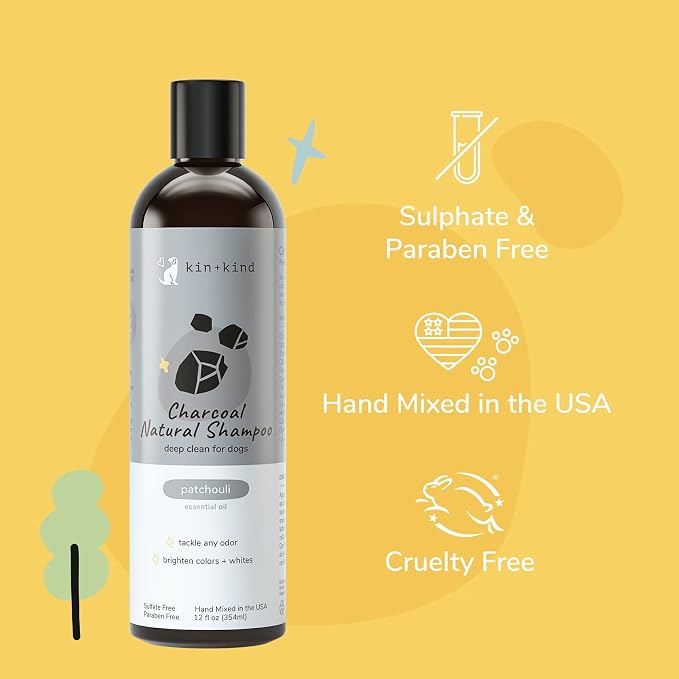 kin+kind Charcoal Natural Dog Shampoo - Deep Cleaning & Odor Control - Patchouli Fragrance - 12 fl oz