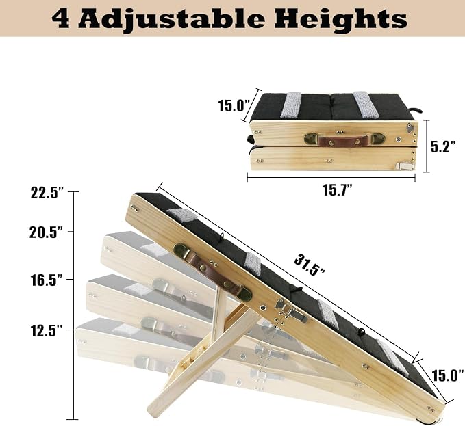 2-in-1 Indoor Pet Ramp, Wooden Folding 4-Tier Pet Stairs with Non-Slip Carpeted Steps, Ramp Perfect for Bed and Couch, 12.5" to 22.5" Height Adjustable (31.5x15)