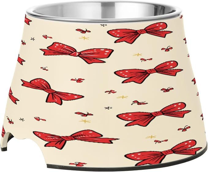 Blueangle Elevated Dog Bowls with Stainless Steel - Non-Slip 2.3 Cup High Capacity Pet Dish for Spinal Health & Red Bows Design（303）