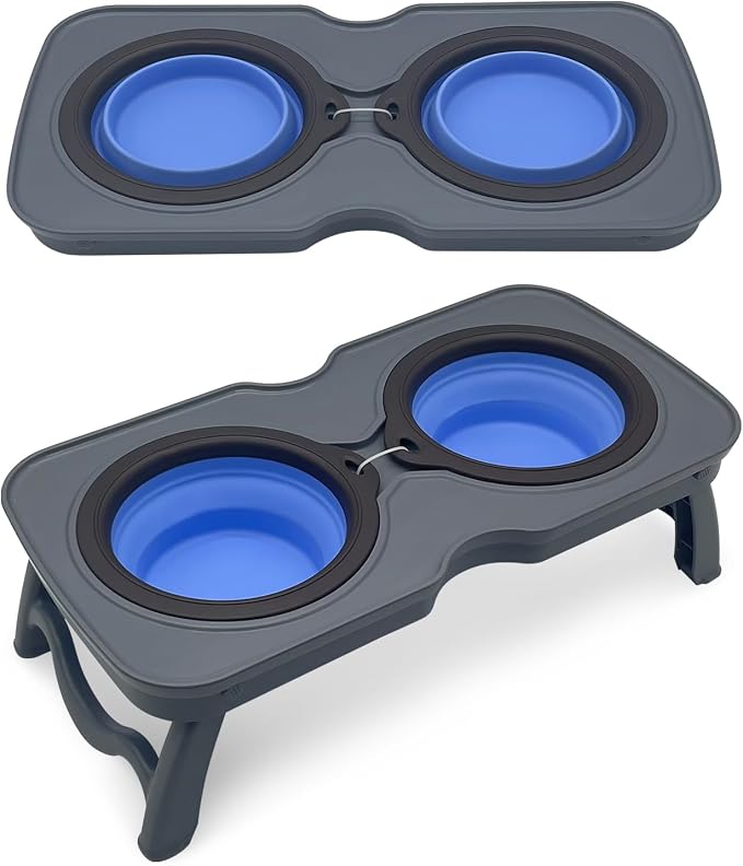 PINVNBY Elevated Portable Dog Bowl Stand with Collapsible Bowls