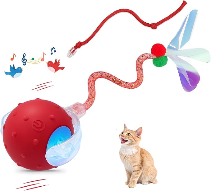 Interactive Cat Ball Toy, Motion Activated Electric Rechargeable Cat Toy | Interactive Mode, Fast&Slow Mode, Standby Mode Save Power, 2 Tails, Chirping, Self Play Toy for Bored Indoor Cats & Kittens
