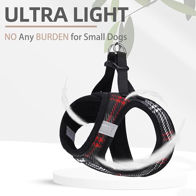 PUPTECK Dog Harness and Leash Set for Small Medium Dogs No Pull Step-in Soft Mesh Puppy Cat Vest Harnesses Reflective at Night, Plaid Pattern Black S