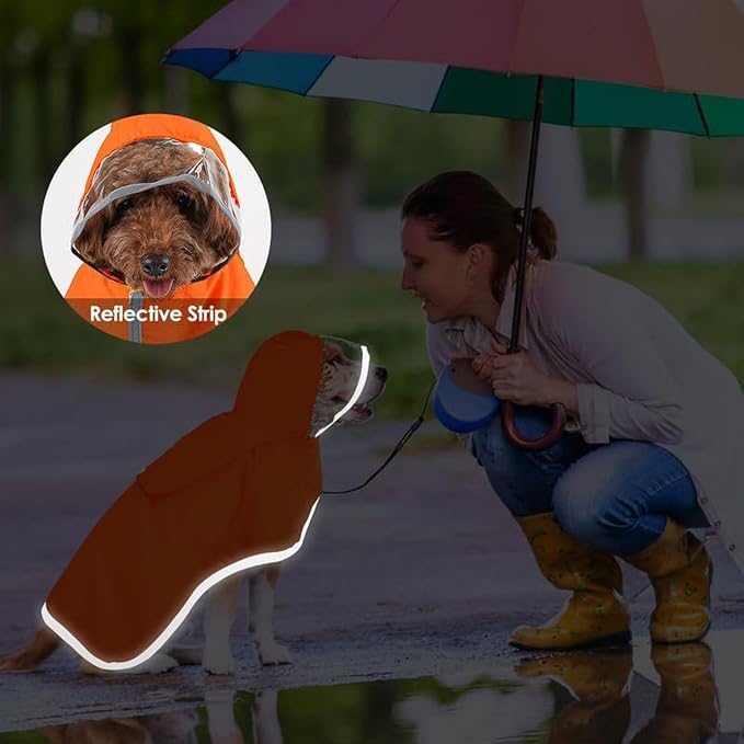 Dog Raincoat with Hood, Adjustable Poncho Jacket for Large Medium Small Dogs, Reflective Stripes, Storage Pocket (A, L)