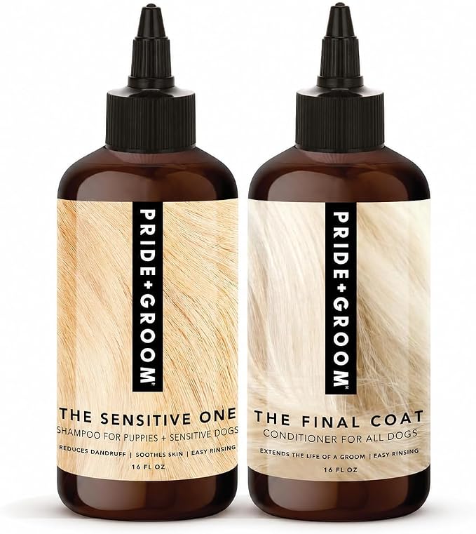 Pride and Groom The Sensitive One Box Set – Dog Shampoo & Conditioner with All Natural Blend of Essential Oils & Ingredients to Soothe, Nourish & Untangle for Long Lasting Shine & Manageability – 32oz