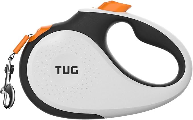 TUG Original Retractable Dog Leash, 16 ft (Medium, White/Orange) | 360° Tangle-Free Retraction, 16 ft Tape, Quick Thumb Lock, Anti-Slip Handle, For Dogs Under 55 lbs