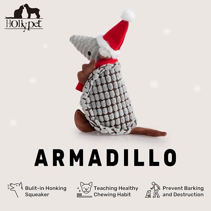 Hollypet Armadillo Squeaky Puppy Dog Toys for Small Medium Dogs, Christmas | plush stuffed small dog squeak animal toy with unique grunt squeaker textured fabric for teeth cleaning toys