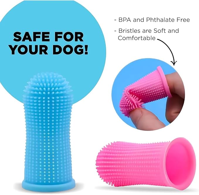 Gomoly Pet Toothbrush, 360 ° Dog Tooth Cleaning Set, Cat Finger Cover Toot-hbrush for Cleaning Tongue Coating and Tooth Care, Pet Silicone Finger Cover Toothbrush Set of 2 with Case (Blue),Large