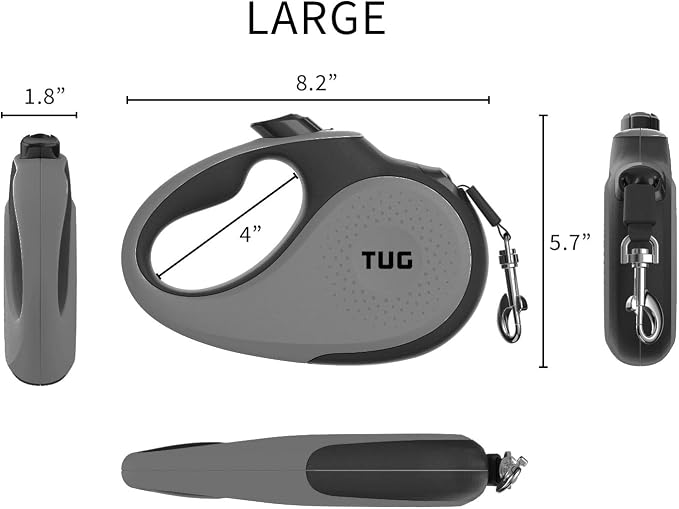 TUG Original Retractable Dog Leash, 16 ft (Large, Grey) | 360° Tangle-Free Retraction, 16 ft Tape, Quick Thumb Lock, Anti-Slip Handle, For Dogs Under 110 lbs