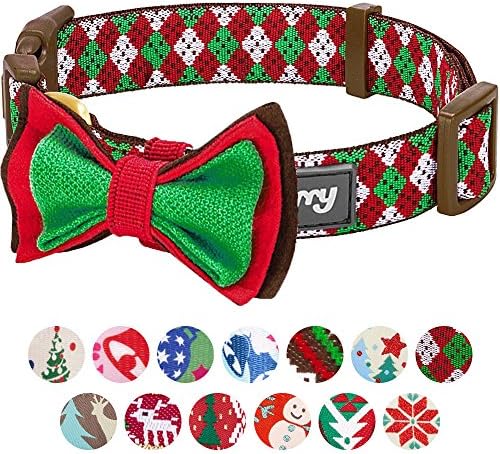 Blueberry Pet 4 Patterns Christmas Party Fair Isle Style Adjustable Dog Collar with Detachable Bow Tie, Small, Neck 12"-16"