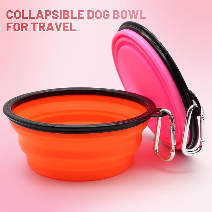 Dog Bowl Collapsible, 2 Pack, with Carabiners, Large, Orange+Pink