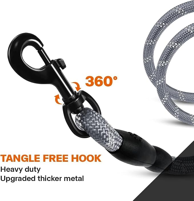 Taglory Rope Dog Leash for Small Medium Dogs, 6 FT Padded Handle, Grey | Made of Climbing Rope, Reflective for Night Walks and Training, Comfortable Grip, Anti-tangle Swivel Clip, 3/8 inch
