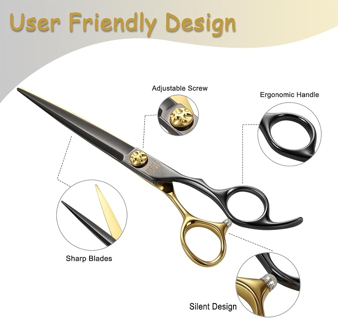 7'' Professional Straight Dog Grooming Scissors with Decorative Screw Sharp and Durable Black and Gold 440C Stainless Steel Dog Shears Easy Use for Groomers and Home user.
