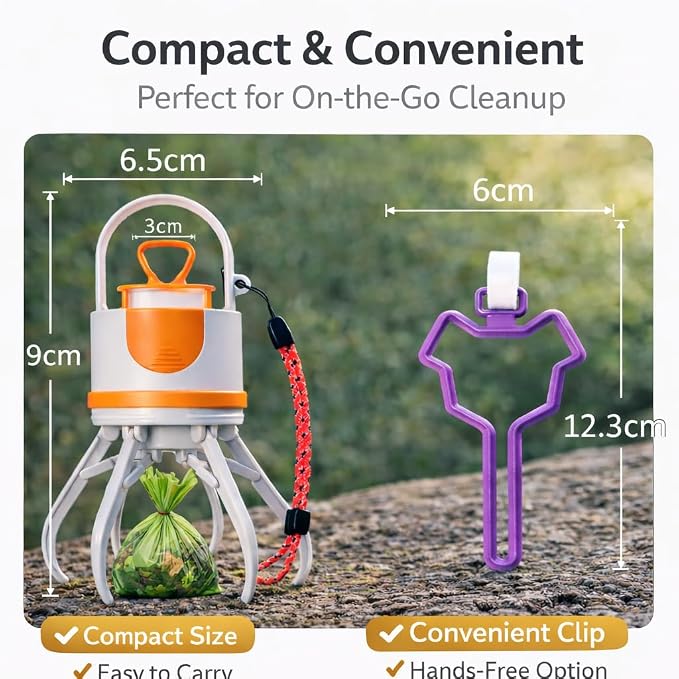 Portable Dog Poop Scooper for Walks, One-Handed No-Touch Pet Waste Pickup Claw with Used Poop Bag Holder Clip, Compact Travel Pooper Scooper for Dog Walking, Orange Gray (White Orange)