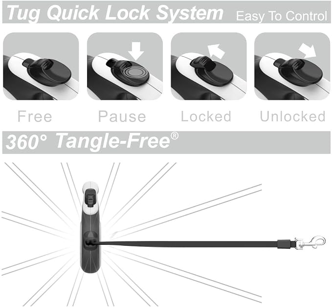 TUG Original Retractable Dog Leash, 16 ft (Large, White) | 360° Tangle-Free Retraction, 16 ft Tape, Quick Thumb Lock, Anti-Slip Handle, For Dogs Under 110 lbs